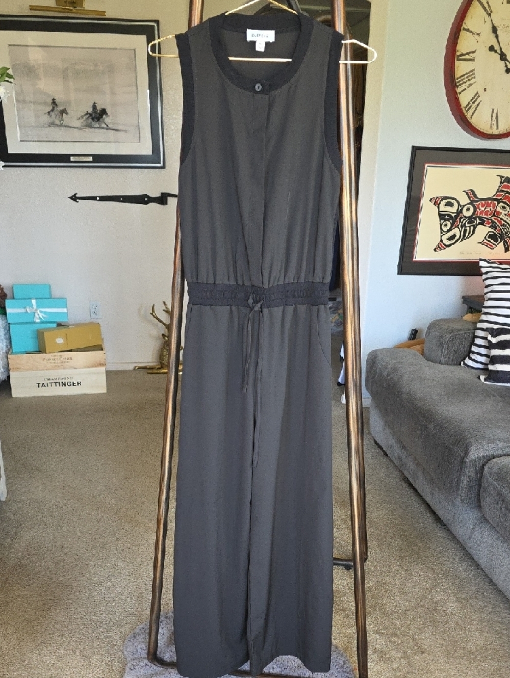 Evereve Charcoal Sleeveless Drawstring Jumpsuit